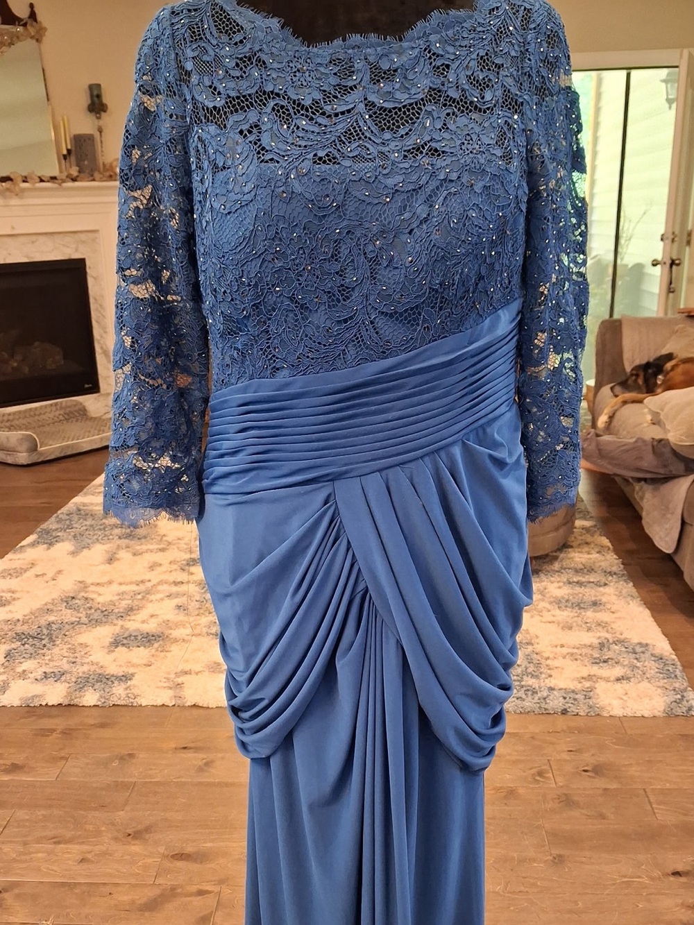 Adrianna Papell Blue Lace Long Sleeve Draped Evening Gown